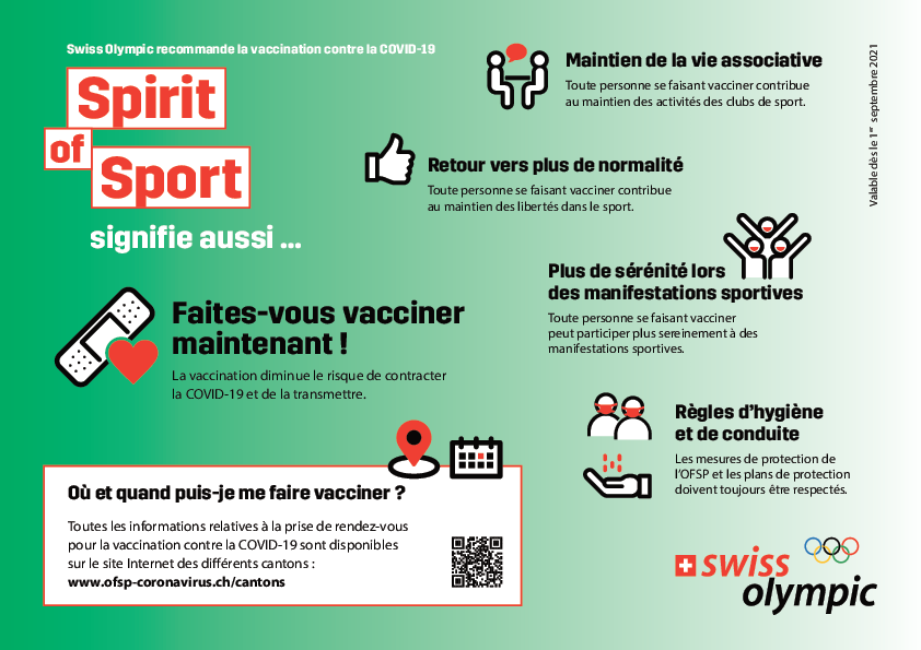Swiss Olympic recommande la vaccination contre la Covid-19